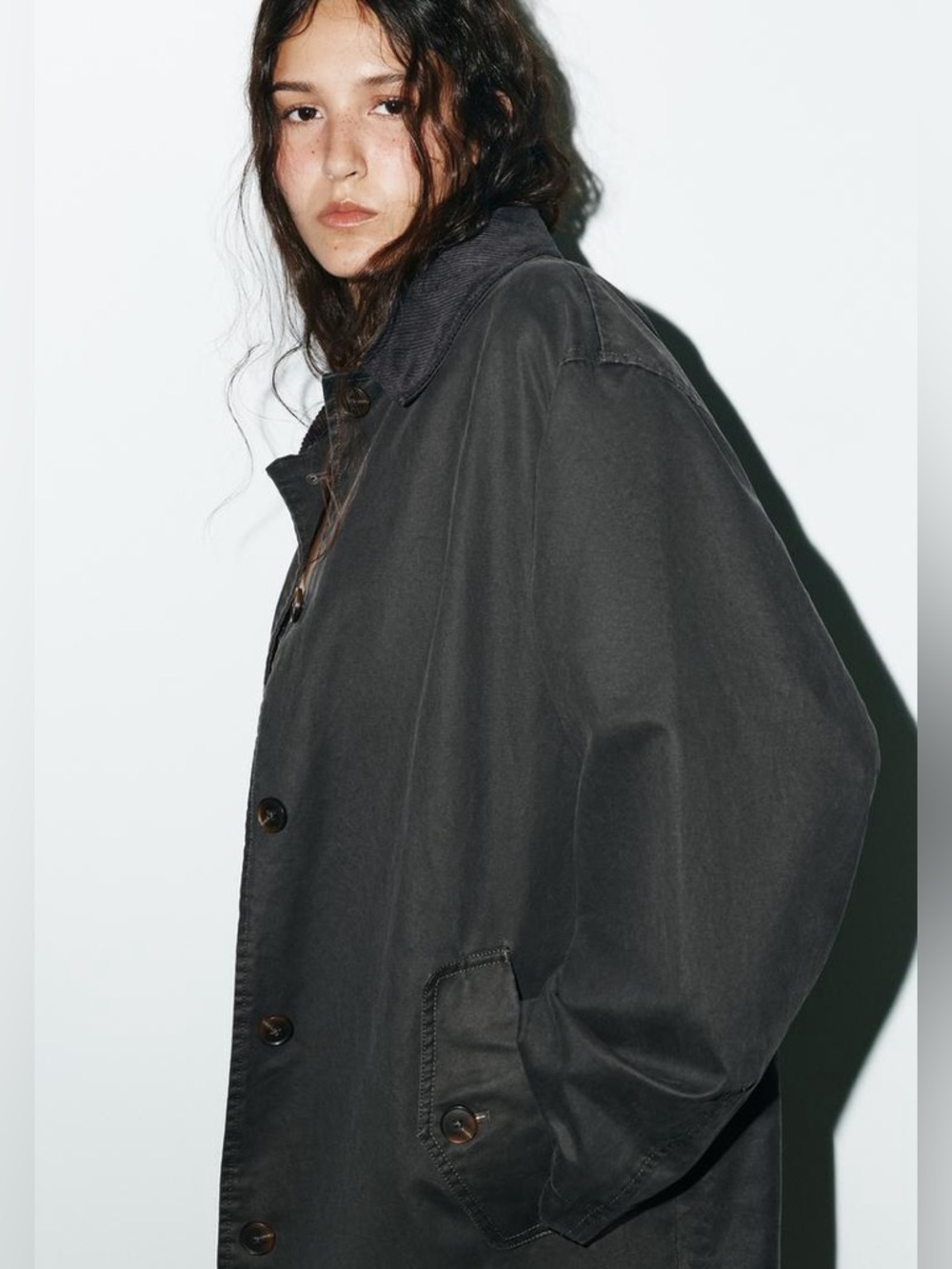 NWOT. Zara Anthracite Grey Waxed-Effect Long Trench Coat. Size M-L. - Picture 7 of 16